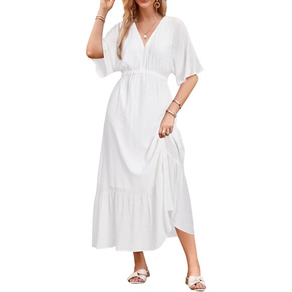 Women's Maternity Maxi Dress Boho Short Sleeve V Neck Tie Tiered Summer - Picture 1 of 6